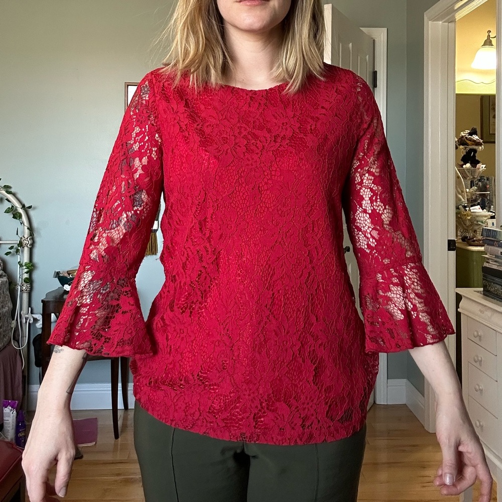 Elle Women's Crimson Lace Bell-Sleeve Blouse